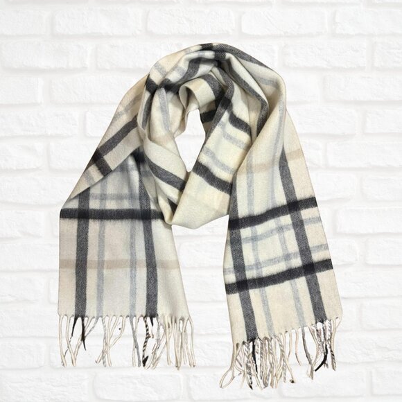 Charter Club 100% Cashmere Plaid Fringe Scarf – Soft Cozy Neutral Classic Gift - Picture 1 of 6